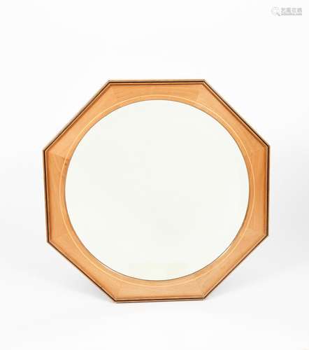 A Barnsley Workshops circular bevelled English walnut wall mirror, the octagonal frame inlaid with