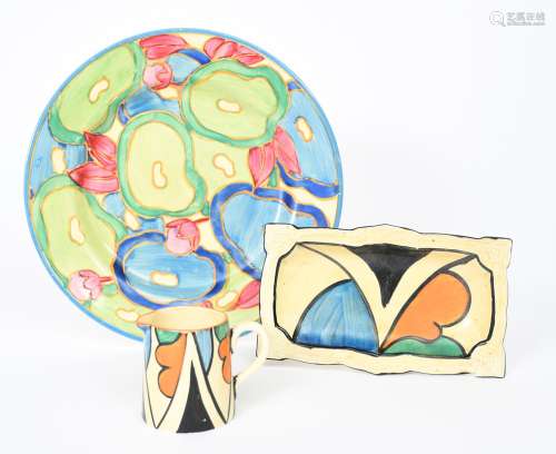'Blue Chintz' a Clarice Cliff Bizarre plate, painted in colours, a Clarice Cliff 'Double V' jug
