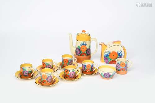 'Gay Day' a Clarice Cliff Bizarre Tankard coffee set for six, painted in colours, comprising; coffee