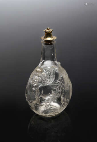 AN ITALIAN CARVED ROCK CRYSTAL FLASK IN RENAISSANCE STYLE 17TH / 18TH CENTURY with a silver gilt