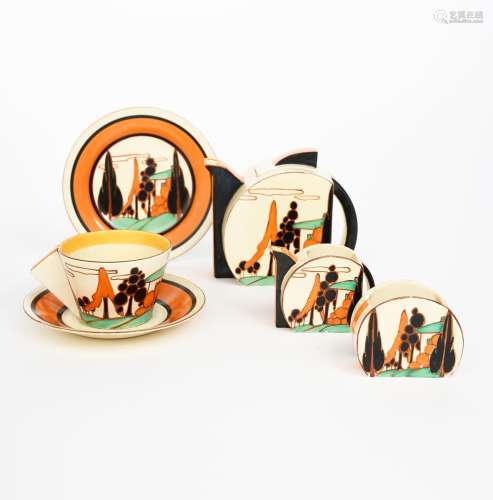 'Orange Trees and House' a Clarice Cliff Fantasque Bizarre Stamford tea set for one, comprising