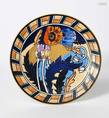 A Bursley Ware pottery charger designed by Charlotte Rhead, pattern no.1550, tubeline decorated with