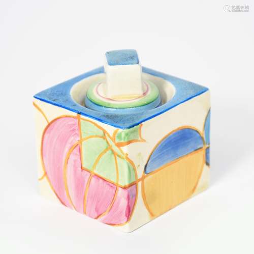 'Pastel Melon' a Clarice Cliff Bizarre Cube inkwell and cover, shape no.438, painted in colours