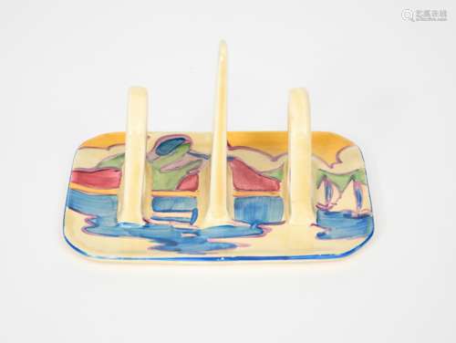 'Gibraltar' a Clarice Cliff Fantasque Bizarre two slice toast rack, painted in colours, printed