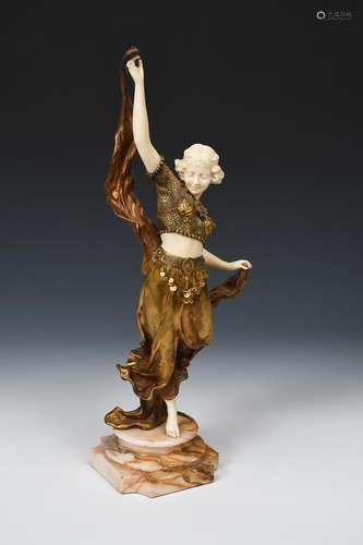 λ Affortunato Gori Oriental Dancer a gilt bronze and ivory figure of a woman dancing with a scarf,