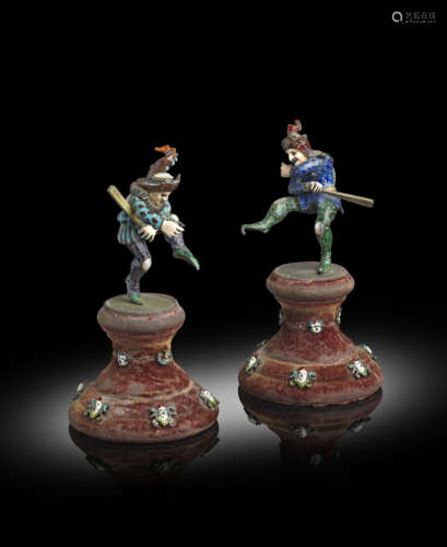 A PAIR OF AUSTRIAN SILVER, ENAMEL AND MOTHER OF PEARL COURT JESTERS IN BAROQUE PEARL STYLE,