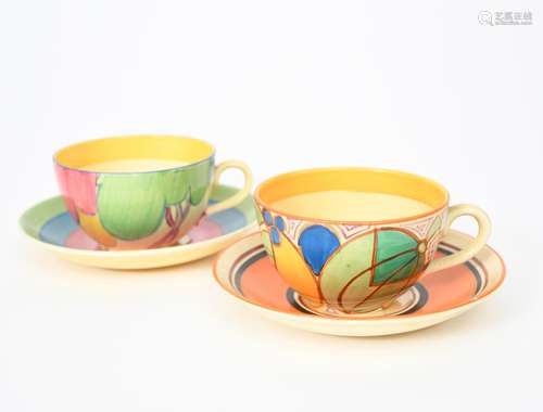 'Green Melon' a Clarice Cliff Fantasque Bizarre Globe tea cup and saucer, painted in colours, and