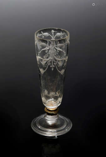 AN ITALIAN CARVED ROCK CRYSTAL SMALL GOBLET IN MISERONI STYLE, 17TH CENTURY of tapering form, finely