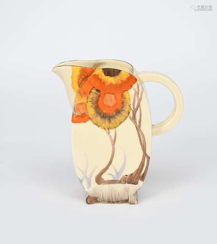 'Rhodanthe' a Clarice Cliff Bizarre Bonjour water-jug, painted in colours printed factory mark,