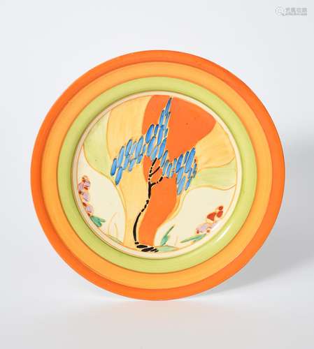 'Windbells' a Clarice Cliff Bizarre plate, painted in colours inside green and orange bands, printed