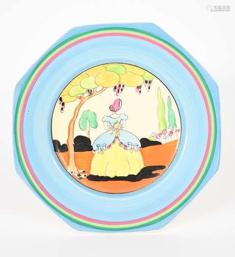 'Applique Idyll' a Clarice Cliff Bizarre plate, painted in colours inside blue, pink and green