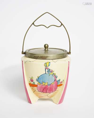 'Applique Idyll' a Clarice Cliff Bizarre biscuit box with electroplated mount and cover, painted