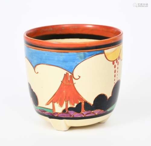 'Summerhouse' a Clarice Cliff Fantasque Bizarre Dover fern pot, painted in colours, printed and