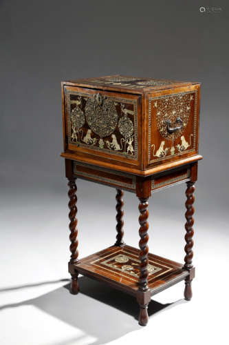 λ AN INDO-PORTUGUESE ROSEWOOD, HARDWOOD AND IVORY INLAID CABINET ON STAND GUJARAT OR SINDH