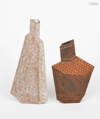 ‡ Philippa Cronin a stoneware vase, dated 1983, angular form, painted decoration, another by the