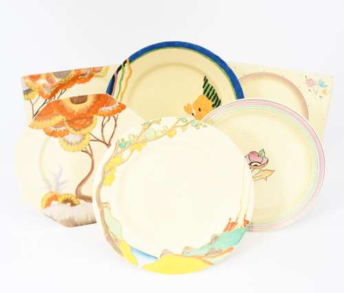 'Rhodanthe' a Clarice Cliff Bizarre plate, painted in colours, a 'Rhodanthe' Biarritz plate, a