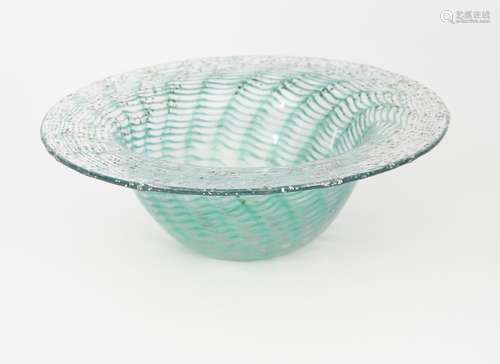 A Moncrieff's Monart Ware bowl, flaring bowl with flat rim, green stripes cased in clear with silver