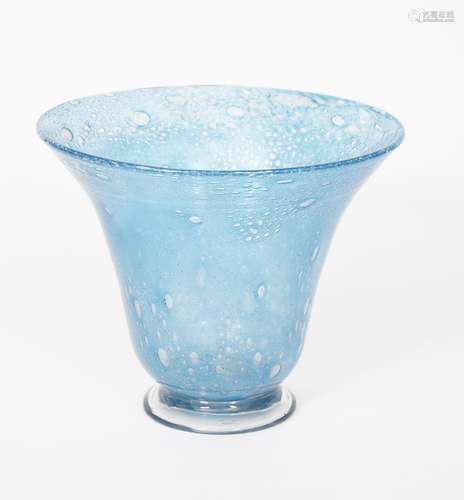 A Moncrieff's Monart Ware glass vase, footed, flaring cylindrical form, pale blue cased in clear