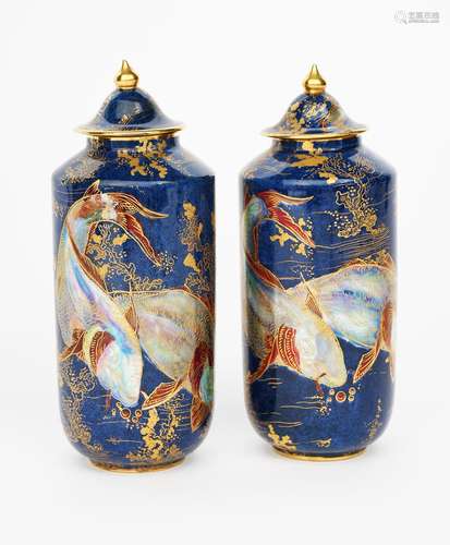 'Carp' a pair of Carlton Ware canister vases and covers, printed and painted in colours and gilt