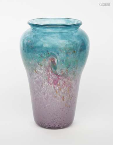 A Moncrieff's Monart Ware glass vase, tall, swollen, shouldered form, pale blue glass graduating