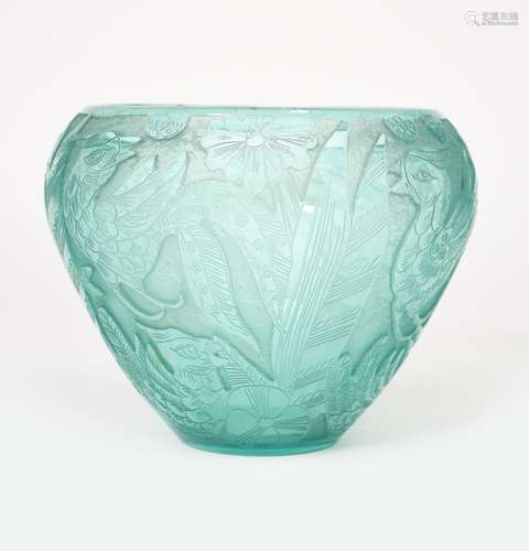 A shouldered clear and frosted green glass vase dated 1927, shouldered pale green glass decorated in