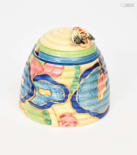 'Blue Chintz' a Clarice Cliff Fantasque Bizarre Beehive honeypot and cover, painted in colours