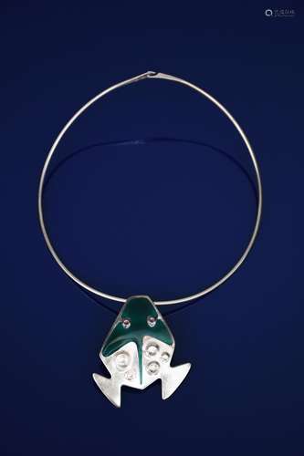 A Georg Jensen silver and enamel pendant designed by Henning Koppel, model no.352, modelled as a