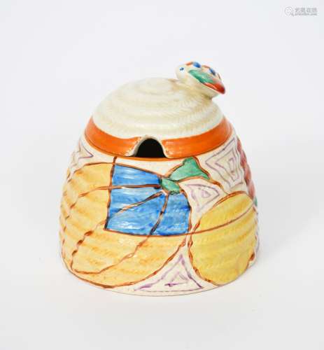 'Melon' a Clarice Cliff Fantasque Bizarre Beehive Honey pot and cover, painted in colours, 'Celtic