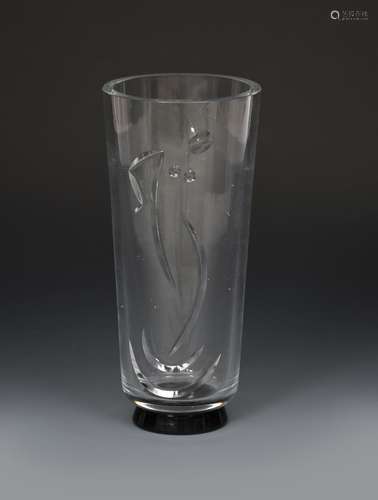 An Orrefors glass vase by Vicki Lindstrand, flaring cylindrical form on applied black glass foot,