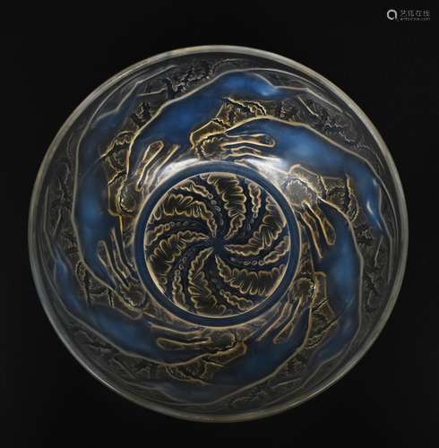 'Chiens No.1' no.3214 a Lalique opalescent glass bowl designed by Rene Lalique, cast R Lalique