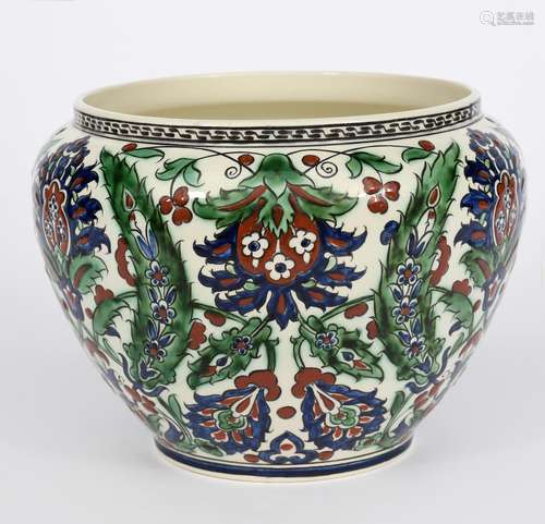 A Boch Freres Keramis Persian jardiniere, shouldered form, painted with panels of stylised foliage