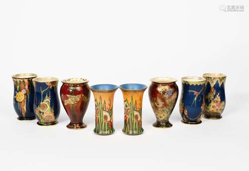 A pair of Fielding's Crown Devon vases, pattern no. 2209, cylindrical form with flaring necks,