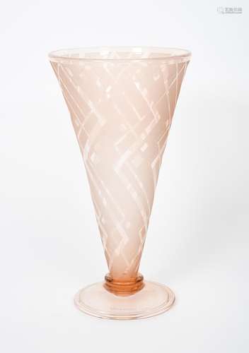 A Daum acid-etched glass vase, flaring conical pink glass vase on shallow domed foot, etched with