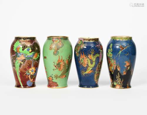 A Fielding's Crown Devon vase, printed and painted in colours with a Chinese Dragon on a blue