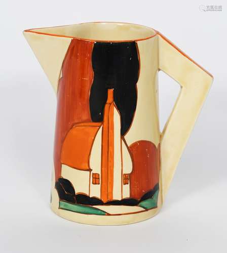 'Farmhouse' a Clarice Cliff Fantasque Bizarre Conical jug, painted in colours, printed factory