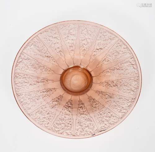 A large Daum Nancy acid-cut peach glass bowl, modelled in low relief with radiating panels, on