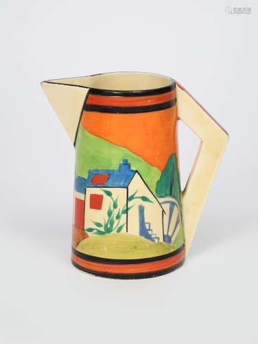 'Applique Orange Lugano' a Clarice Cliff Bizarre Conical jug, painted in colours between red and