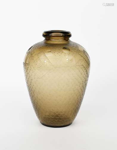 A large Daum Nancy smoked glass vase, shouldered form with collar rim, acid-cut with geometric panel