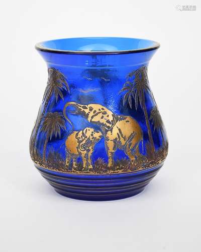 A large Moser cameo glass vase designed by Rudolf Weiss, swollen blue glass with flaring rim, cut