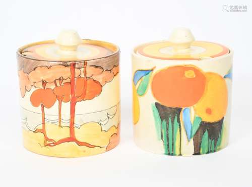 'Coral Firs' a Clarice Cliff Bizarre Cylindrical preserve pot and cover, painted in colours, and