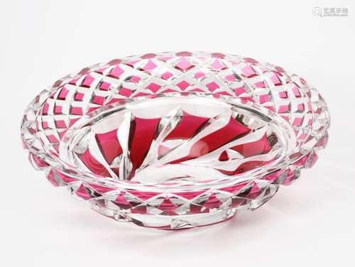 A Val St Lambert cut glass bowl, flaring form with cut geometric decoration and red flashing to