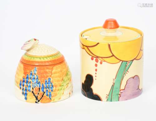 'Windbells' a Clarice Cliff Fantasque Bizarre Beehive Honey pot and cover, painted in colours, and a