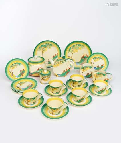 'Secrets' a large Clarice Cliff Bizarre Bon Jour tea set for six, painted in colours, comprising;