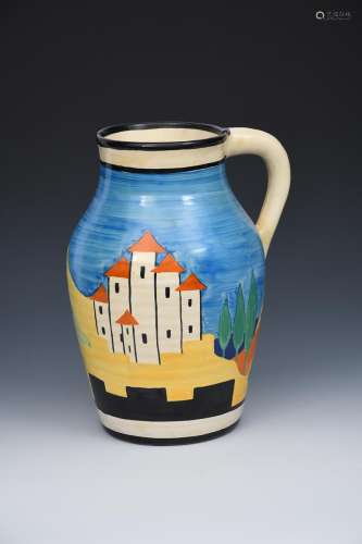 'Applique Blue Lucerne' a Clarice Cliff Bizarre single-handled Lotus jug, painted in colours between