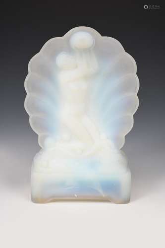 An opalescent glass table lamp probably Sabino, cast as a naked maiden before a clam shell, riding