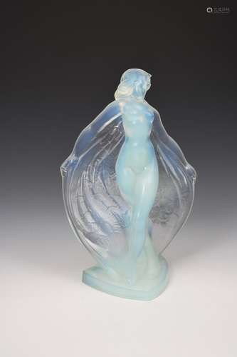 A Sabino opalescent glass figure of a woman, possibly Isadora Duncan, modelled naked wearing a