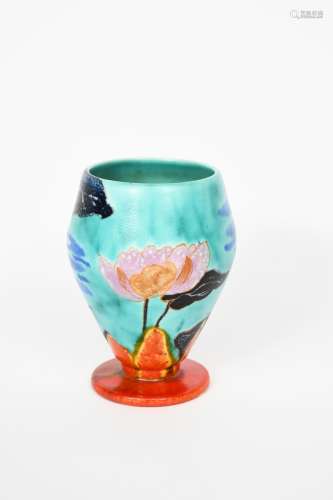 'Inspiration Lily' a rare Clarice Cliff goblet vase, painted in vivid colours on a turquoise ground,
