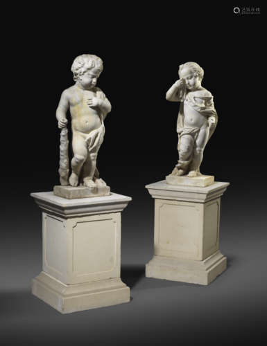 A PAIR OF FLEMISH CARVED MARBLE ALLEGORICAL FIGURES ATTRIBUTED TO JAN CLAUDIUS DE COCK (1667-