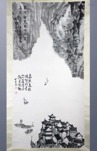 CHINESE INK PAINTING OF WATER TOWN LANDSCAPE