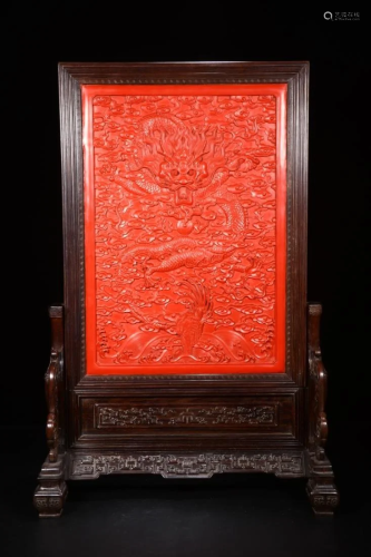 GILT DECORATED RED LACQUERED DRAGON TABLE …